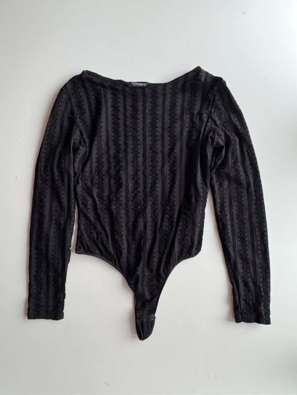 Vintage COSABELLA Black Velvet Embossed Long Sleeve Thong Bodysuit, Size L